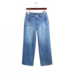款 春季 蓝色直筒宽松高腰显瘦大码 胖mm窄版 9分阔腿牛仔裤 直筒裤 女
