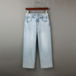 女 直筒裤 春季 胖mm窄版 淡蓝色直筒宽松高腰显瘦大码 9分阔腿牛仔裤