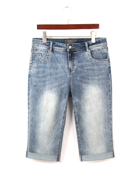 夏季新款浅蓝色67分牛仔裤女 外单200斤大码高腰弹力宽松直筒中裤