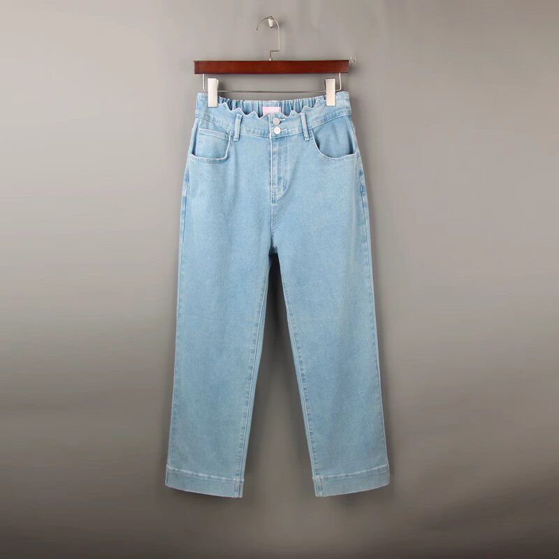 秋季新款浅蓝色松紧腰牛仔裤女