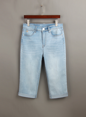 夏季薄款67分淡蓝色牛仔裤女 外单200斤大码高腰弹力卷边直筒中裤