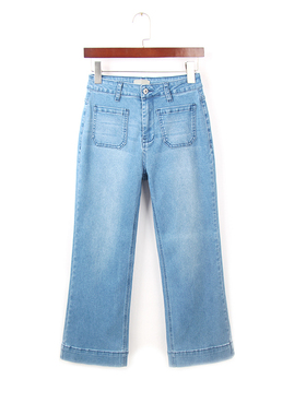 春季款浅蓝色9分微喇叭牛仔裤女 外单大码弹力显瘦复古小个子女裤