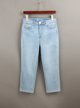 春夏新款浅蓝色9分牛牛仔裤女 外单200斤大码高腰弹力显瘦直筒裤
