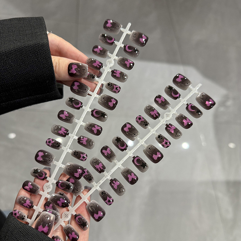 黑色渐变蝴蝶结穿戴甲猫眼细闪短款可爱甜酷小狗美甲预制甲片