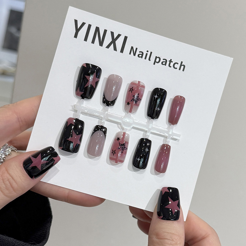 粉星法式甜酷穿戴甲短款星星黑粉少女网红新款成品可拆卸美甲贴片