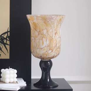 中式高脚宽口玻璃瓶法式复古肌理高脚手工琉璃花瓶风灯插花器