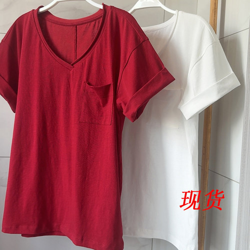 老钱麻感T恤袖口卷边V领短袖