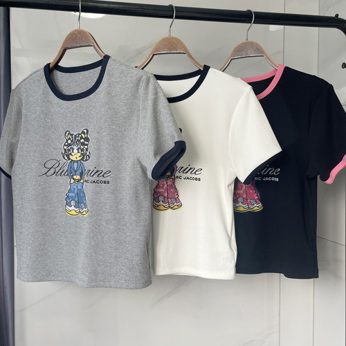 美式甜心T卡通印花正肩撞色边