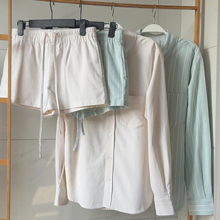 樊樊 早安轻氧系竖条纹四色衬衫+a字短裤/花苞裤套装女春夏两件套