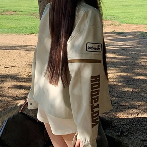 樊樊早安「Houston Jacket」时髦撞色贴标皮衣宽松休闲夹克短外套