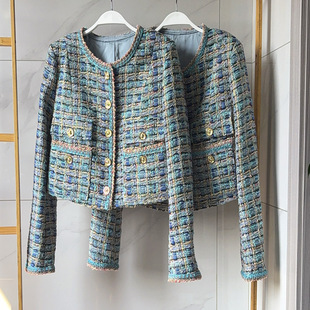 樊樊早安「偶遇梵高」定制面料手工织带孔雀蓝短款垫肩小香外套女