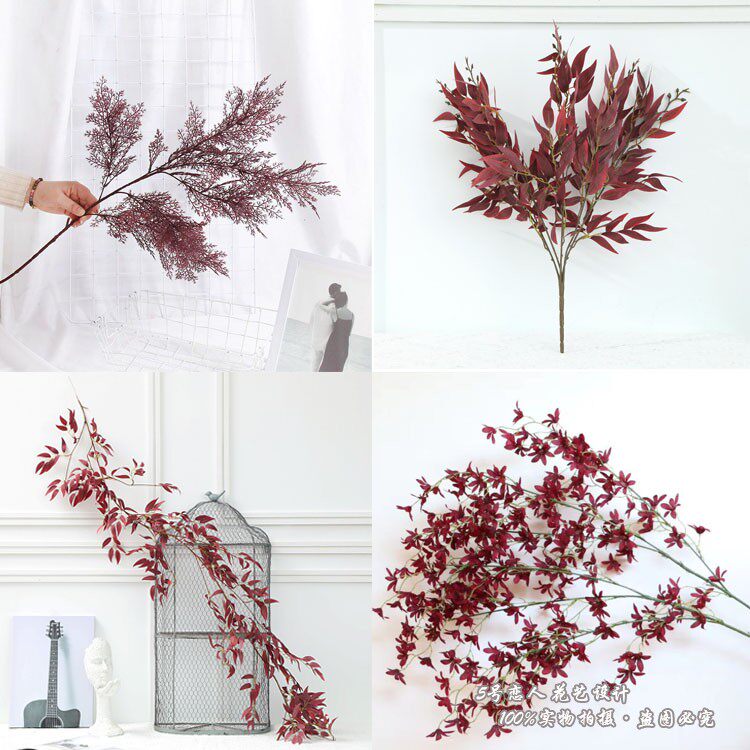 酒红色仿真花花艺中式婚礼吊顶装饰花雾凇迷雾文心兰尤加利造景假
