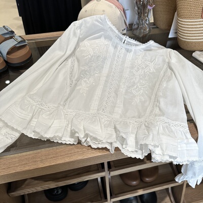 米 小个子精致刺绣花边下摆长袖衬衫