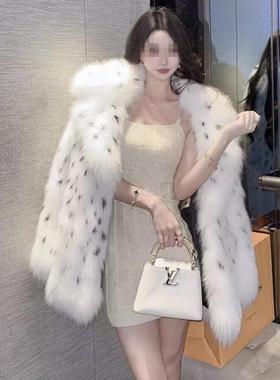 2025秋冬新款仿狐狸毛皮草外套女中长款山猫豹纹名媛年轻毛毛大衣