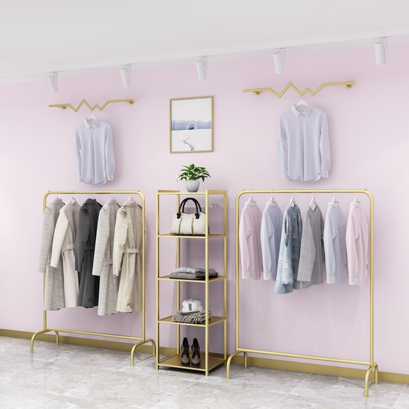 服装店展示架落地式女装店挂衣架货架侧挂衣服架子店铺陈列架金色