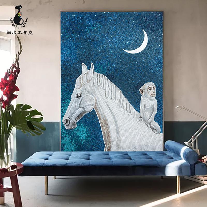 蓝色星空马背景墙装饰画电视墙拼图剪画卫生间玻璃马赛克瓷砖图片
