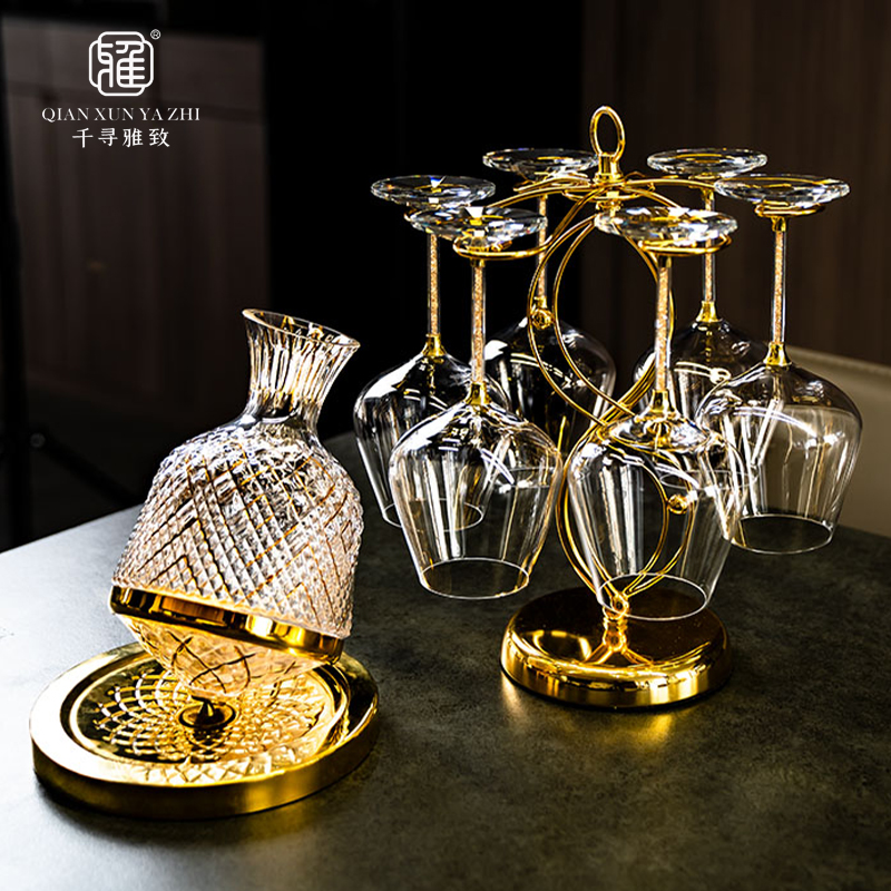 水晶玻璃红酒杯套装套挂简约杯架旋转醒酒器家用待客轻奢风摆件