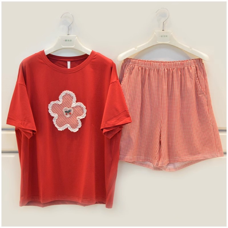 安之伴睡衣新款夏季女士纯棉针织素色可爱淑女短袖短裤家居服套