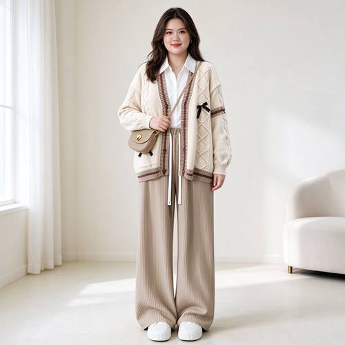 胖mm大码秋冬2026新款美拉德针织开衫高级感衬衫搭配时尚两件套女