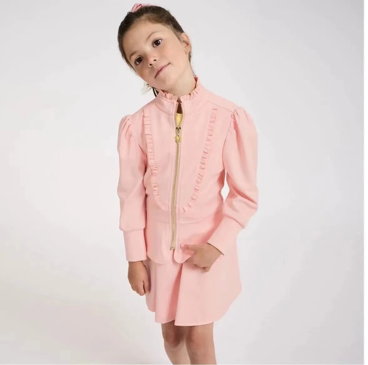 AF女童套装粉色罗马布拉链外套半裙套装