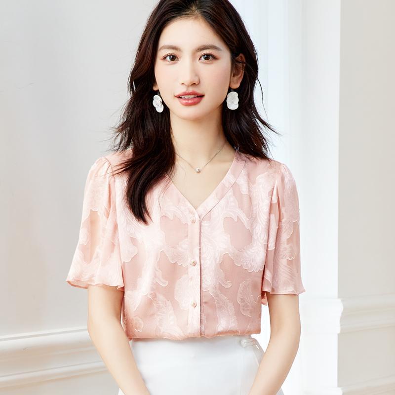 V领提花雪纺衫上衣2025夏季新款宽松显瘦洋气小衫职业短袖女衬衣