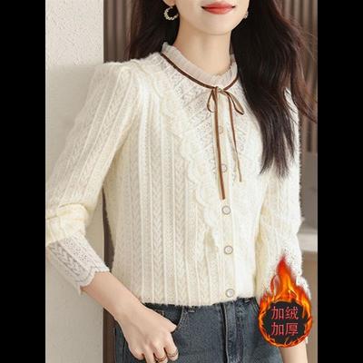加绒加厚打底蕾丝衫女秋冬季时尚洋气新款长袖上衣内搭小个子女装