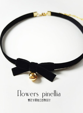 复古黑色丝绒蝴蝶结铃铛项链choker项圈甜美可爱颈链锁骨链女软妹