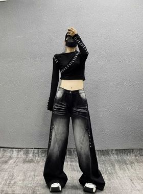 黑色渐变设计感阔腿牛仔裤女2025年春秋新款宽松高腰梨型身材裤子