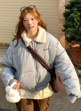 实拍2025冬季新款蓝色美式覆古羽绒棉服女百搭短款学生面包服棉衣
