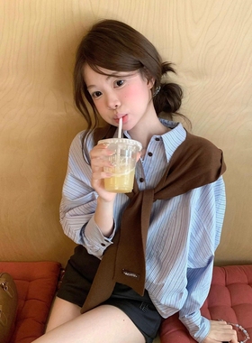 #官图实价【配围巾】法式独特精致资蓝色条纹长袖衬衫上衣