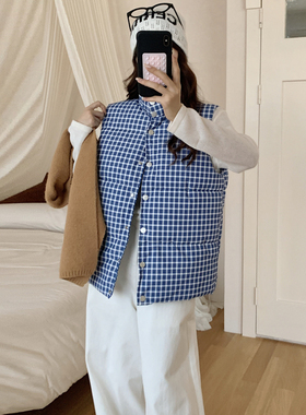 实拍韩系高级感蓝色格子羽绒棉衣马甲女冬季面包服棉袄外套上衣女