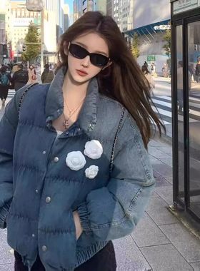 蓝色牛仔棉衣棉服外套女2025年新款冬季加厚小个子短款立领面包服
