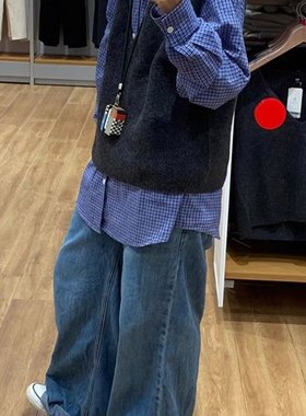 少年感蓝色格子衬衫叠穿内搭日系覆古上衣长袖打底衬衣外套男女款