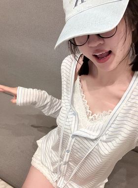 蓝色慵懒风条纹轻薄防晒开衫外套女夏季高级感超好看长袖罩衫上衣