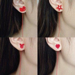 小兔子红绳耳线女 手工编织防过敏养耳洞长款耳绳创意本命年饰品