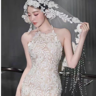 【真爱婚纱-鱼尾】2026新款 高级感蕾丝挂脖露背鱼尾婚纱复古法式
