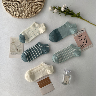 绿色女士袜子女休闲纯棉日系条纹可爱潮流船袜低帮学生甜美短袜