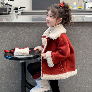 女童秋冬外套2026新款宝宝洋气冬装女孩红色加厚儿童皮毛一体上衣