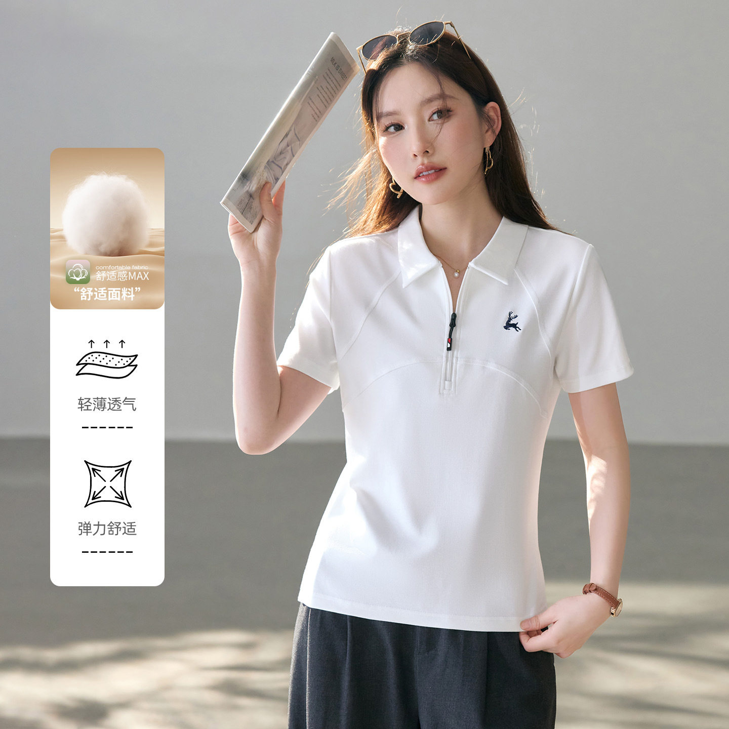 夏季新款翻领短袖修身白色女T恤