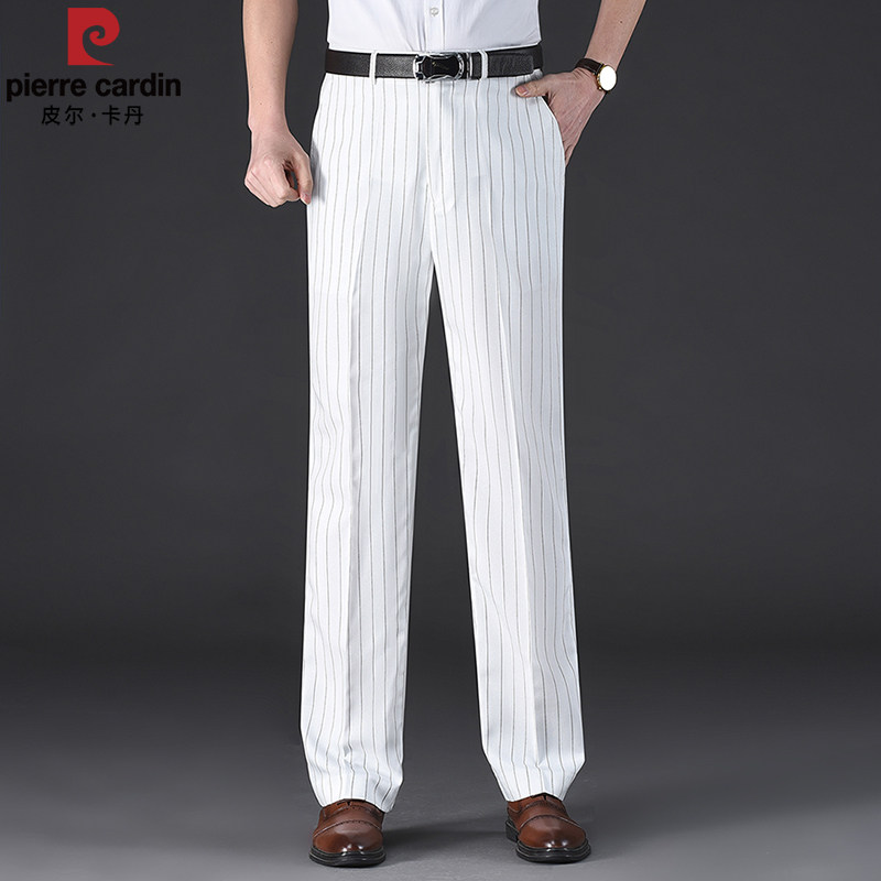 皮尔卡丹条纹西裤男中年夏季薄款商务男裤宽松直筒爸爸休闲西装裤