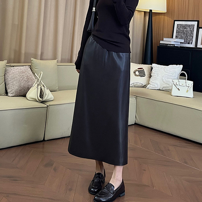 【一比Eby】松紧腰直筒后开叉皮裙百搭高腰通勤半身长裙秋251463#