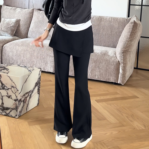 微喇叭裤假两件高腰弹力休闲裤