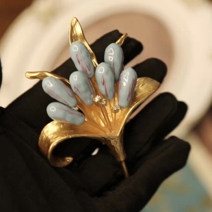 Vintage中古复刻琉璃穗花束耳夹耳钉胸针蓝色木兰花珐琅铃兰花