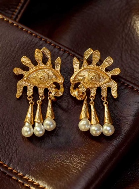 中古风复古宫廷风高级感复古镀真金耳钉眼睛仿珍珠925银针