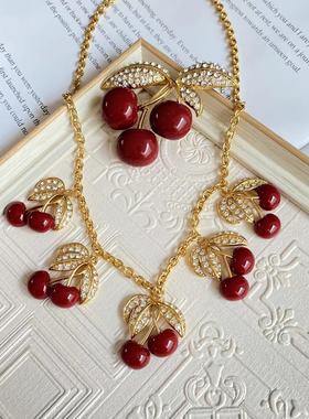 包邮 复古董vintageS925银针耳钉耳饰品项链镀真金红樱桃中古复刻