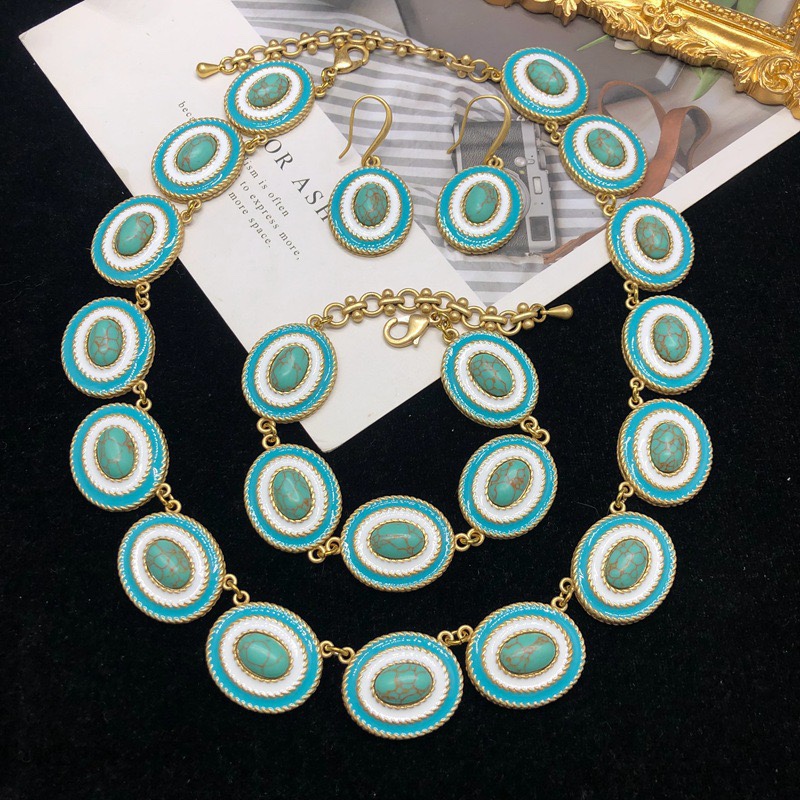 复古西洋vintag饰品轻奢小众珐琅釉铜材质绿松石项链手链耳环套装