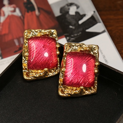 中古vintage复古玫红果冻琉璃耳夹巨大浮夸很沉