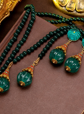 中古风复古宫廷风高级感复古镀真金项链毛衣链流苏耳钉耳环