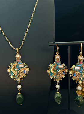 中古风复古宫廷风高级感复古镀真金925银针项链耳钉耳环