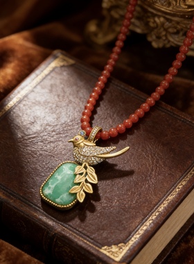 中古风复古宫廷风高级感复古镀真金鸟语花香项链毛衣链红玛瑙